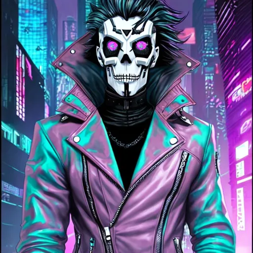Prompt: Cyberpunk style, supervillain, skull mask, leather jacket