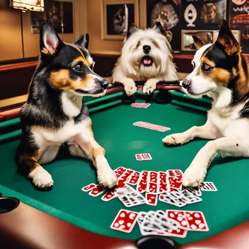 Prompt: dogs playing cards on a pool table