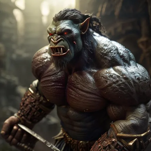 Prompt: beautiful photograph of most beautiful fictional, warrior, orc, with pumped muscles and muscular arms and vein, extremely, detailed environment, detailed background, intricate, detailed skin, natural colors , professionally color graded, photorealism, 8k, moody lighting.