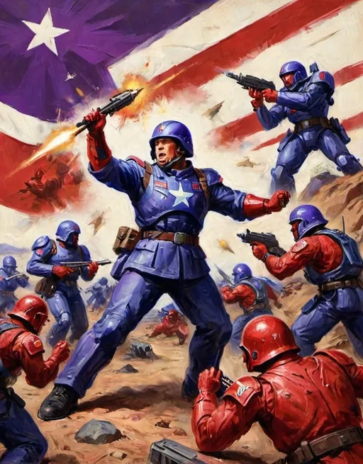 Prompt: "Design a 1940s-style propaganda poster depicting a powerful red TR (Terran Republic) soldier crushing and defeating the blue NC (New Conglomerate) and purple VS (Vanu Sovereignty) enemies. The TR soldier should be bold, dynamic, and dominant, using classic wartime imagery like a powerful fist or boot. The VS and NC soldiers should appear weak and defeated under the force of the TR. Include a short slogan at the top in bold, vintage typography: 'Victory Through Strength.' Use a muted, retro color palette with an emphasis on red for the TR, while the VS and NC colors should be subdued and secondary."