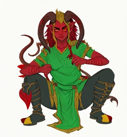 Prompt: young tiefling, red skin, friendly face, ram horns, black and yellow eyes

