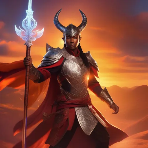 Prompt: Third-person, full body of character in view, Warm vibrant colors, HD, Epic, a tiefling with African-American features wearing traditional Chinese silver armor, wielding a sword and staff, swirling magical lights, action shot. Good Light Effect, Sunset lighting