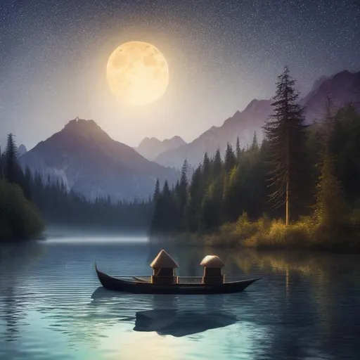 Prompt: mystical nature, full moon, water in between mountains with trees, little wooden boat with two persons inside