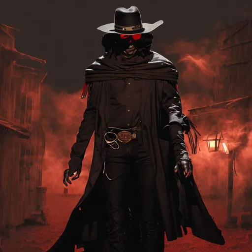 Prompt: Cyber Cowboy with 4 Arms, fiery red Poncho, Dressed in black duster and Stetson Cowboy Hat, with Red Sunglasses, Haunting Presence, Intricately Detailed, Hyperdetailed, Desert Wild West Landscape, Dusty Midnight Lighting, Wild West Feel