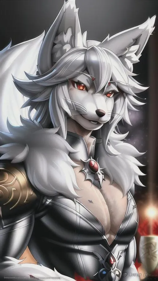 Prompt: feral, White fur, Werewolf, Red eyes, character, full body portrait, expert, insanely detailed, 4k resolution, cinematic smooth, intricate detail, fluffy, award wining portrait, fox, anthropomorphic fox, werefox, male