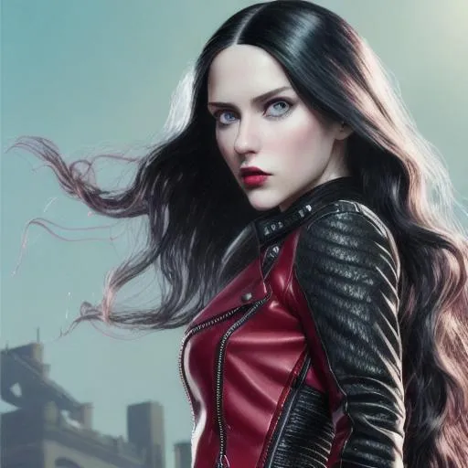 Prompt: young woman, long wavy black hair, light blue eyes, berry lipstick, red leather jacket, black body suit, black pants, knee-high black boots, 3D, fine-tuned, hyper-realistic, intricately detailed, detailed face, 16K, realistic, movie poster
