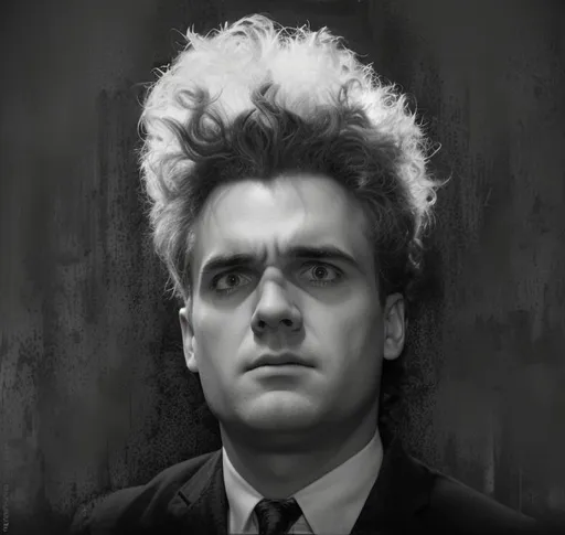 Prompt: create a super high contrast  black and white picture of a terrified looking frank nance in the style of the movie poster for the cult film Eraserhead, he has a haunted expression with wide open eyes, super high contrast lighting and dark shadows, no color