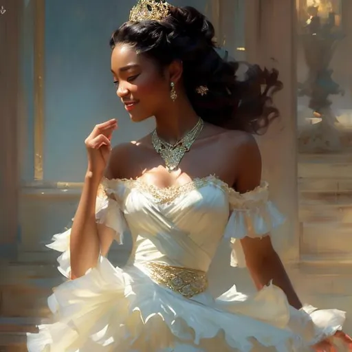 Prompt: Princess Tiana dancing,  perfect features, extremely detailed, realistic. Krenz Cushart + loish +gaston bussiere +craig mullins, j. c. leyendecker +Artgerm.