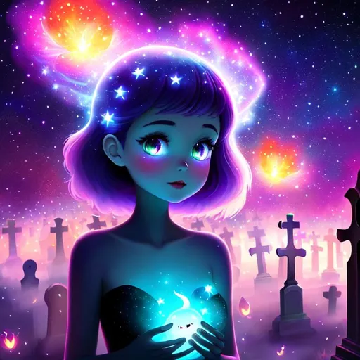 Prompt: Cute Pixar style painting, an adorable spirit woman, graveyard, midnight, see-through skin,  floating, nebula, galaxy, stars, fireflies, glowing eyes, glowing, Graves, cemetery