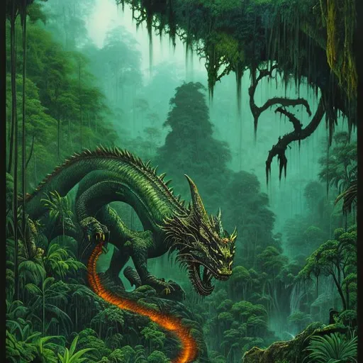 Prompt: Landscape painting, lush and dark jungle, a dragon with green scales, dull colors, danger, fantasy art, by Hiro Isono, by Luigi Spano, by John Stephens