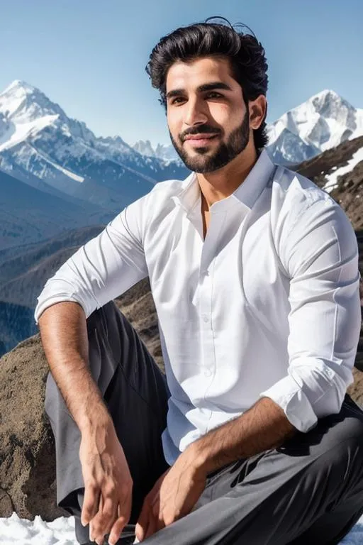 Prompt: full body portrait of a handsome rugged kashmiri boy, white kameez, "lost in god", meditating, "hyperreal detailed face","closed eyes", calm smile, snow, sunlit kailash mountain", hyperreal, side angle, white, detailed, hyperreal, sitting, arena, perfect composition, hyperrealistic, super detailed, 8k, high quality, trending art, trending on artstation, sharp focus, studio photo, intricate details, highly detailed, by greg rutkowski

