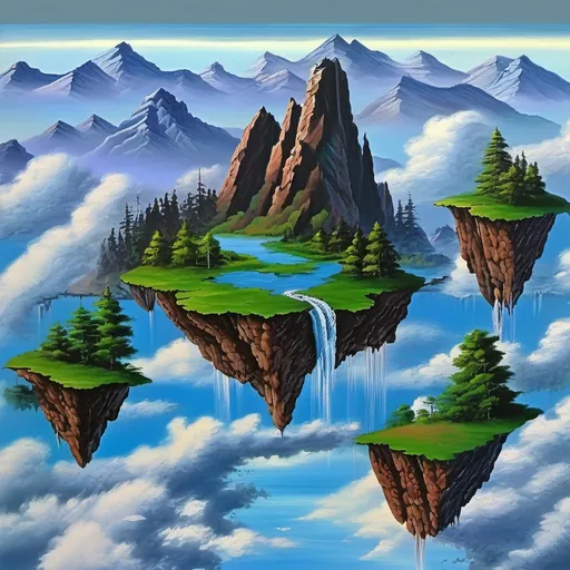 Prompt: oil paint, bob ross, detailed vegetation, floating islands in the sky above clouds in the background, large mountain with building on top, river flowing from a lake and water falling off the ledges, muted colors