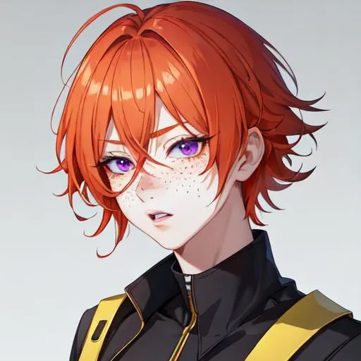 Prompt: Erikku male adult (short ginger hair, freckles, right eye blue left eye purple) UHD, 8K, Highly detailed, insane detail, best quality, high quality, anime style, tired