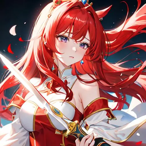 Prompt: Haley as a horse girl with bright red side-swept hair, crying, wearing a white and gold blood stained gown , wearing a crown, holding a dagger. 