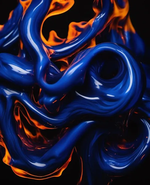 Prompt: An abstract image of cobalt blue paint swirling and melting against a black background, resembling ever-changing flames. Fiery tendrils of blue contort into organic shapes that seem to flicker and dance with motion. Shot with a Canon 5DS R and 100mm macro lens for finely detailed textures. Lit with dramatic side lighting to increase contrast. The mood is energetic and transformative yet highly controlled. In the style of LeRoy Neiman.