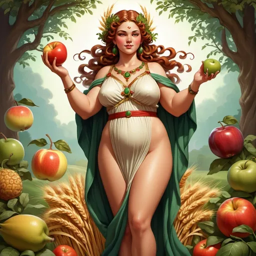 Prompt: Full body, Fantasy illustration of the female god of harvest, beautiful, celestial, tanned skin-color, brown Finger wave hair decorated by wheat-ears, chubby red cheeks, conent expression, decorated with fruits and herbs and grapes, wearing a green robe, majestic pose, in a heavenly orchard, vibrant colors