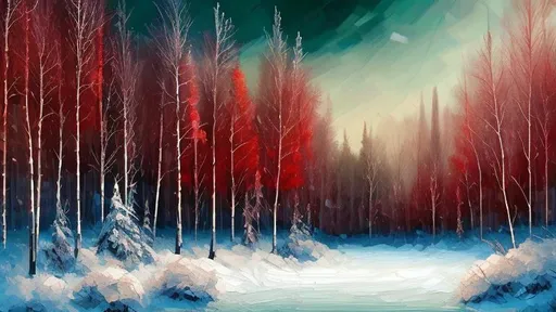 Prompt: Winter forest, frozen lake, blizzard, oil painting style, dark cold colors, red trees, blue trees, dark green trees, dark sky