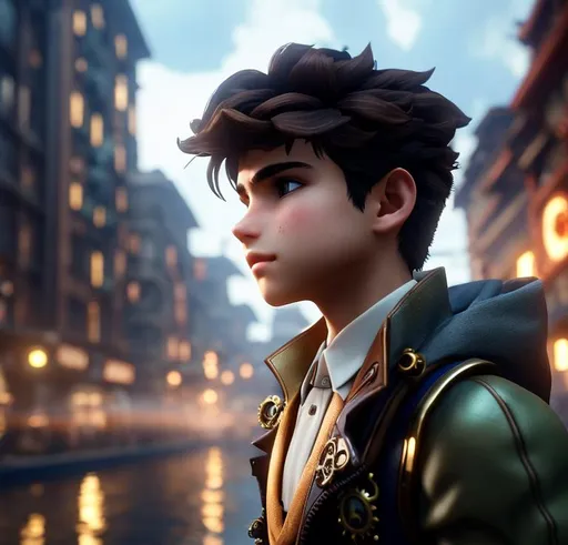 Prompt: Boy in a steampunk world  ,perfect  nose, brown hair, hairstyle to the side, oval face, weight 60kg, height 1.78, 17 years old close-up back view half body, perfect body,  Super detailed outfit with various gears over a steam powered city  , hyper realistic details, cinematic lighting, 3d, 8k