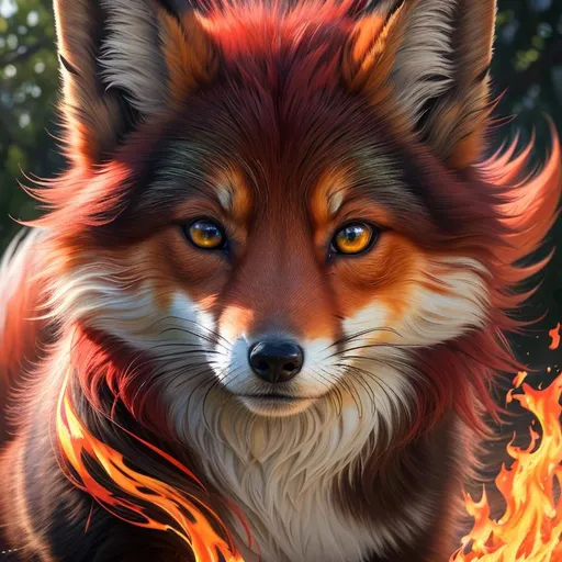 Prompt: (8k, 3D, UHD, highly detailed, hyper detailed, masterpiece, detailed oil painting) portrait of beautiful young  ((fox)), (canine quadruped), adolescent female, silky glistening crimson-red fur, {yellow-green eyes}, 8k eyes, [fire elemental], youthful, lively, lithe, bounding, black fur highlights, sharp focus, cinematic, vivid colors, brilliant colors, (rows of pink blossoming sakura trees), long silky hair on crest, slender, umber red mane, beautiful charming mischievous grin, wispy brown ears, wispy ruby-red mane flowers on fur, snow-capped trees, snow on fur, forest, silky bushy tail, billowing mane, professional, unreal engine, dynamic, intricate detail, intricately detailed fur, highly detailed face, symmetric, golden ratio, beautifully defined detailed furry legs, best quality, highly detailed mouth, 4k, 16k, 64k, HDR, unreal 5, artstation, deviant art, instagram, trending,