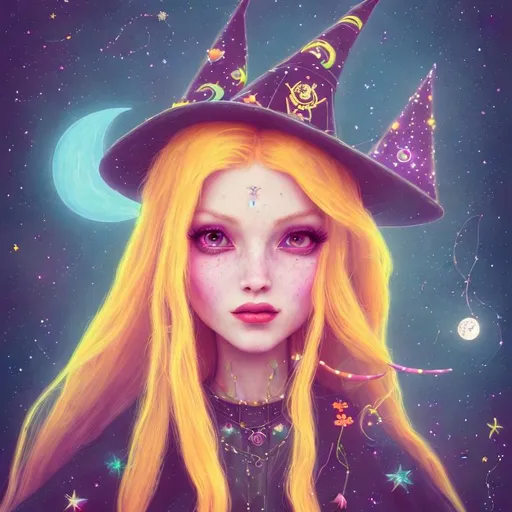 Prompt: witch with long blonde hair, using tarot cards, wearing witch hat, cute, flowers, aesthetic, fairycore, disney, pixar, moon, stars, witchcraft, in a starry colorful sky,  garden, sweet, dreamy, award winning illustration, artstation, highres, realistic, glittering, colorful, vibrant