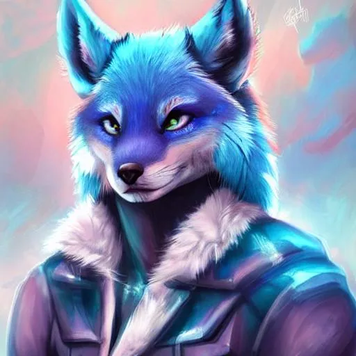 Prompt: aesthetic portrait commission of a of a male fully furry muscular anthro blue fox with a tail and a beautiful attractive hyperdetailed face wearing stylish and creative unkempt black and pink wired clothes in a sci-fi dystopian city at golden hour while it storms in the background. Character design by charlie bowater, ross tran, artgerm, and makoto shinkai, detailed, inked, western comic book art, 2021 award winning painting