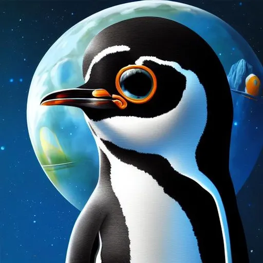 Prompt: penguin in space in the style of roger dean, wlop, artgerm,  large eyes, highly detailed , intricate, digital art, wide angle, centered