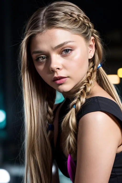 Prompt: (HD 16k RAW photo), (Julia Voth|Chloé Grace Moretz), Girl posing for camera, (Close up face shot), perfect symmetrical eyes and face, (looking at camera), canon m50, (cyberpunk world), braided pigtails, (Cinematic lighting), neon