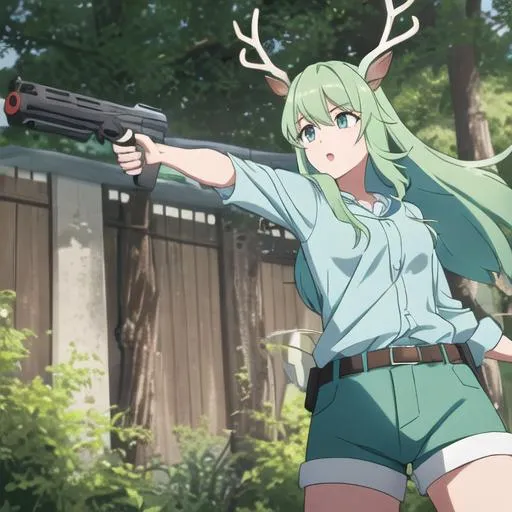 Prompt: A girl who has long green hair a blue shirt white shorts and a Magic gun with deer antlers and deer ears kills a man in 4K 