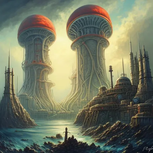 Prompt:  fantasy art style, painting, pipes, tubes, nuclear reactor, power plants, nuclear fusion, nuclear power, nuclear weapons, nuclear bombs, nuclear explosions, mushrooms, mushroom cloud, bombs, torpedoes, misiles, concrete, smog, fog, evil, misiles launching, warship, naval ship, boat, deep ocean, waves