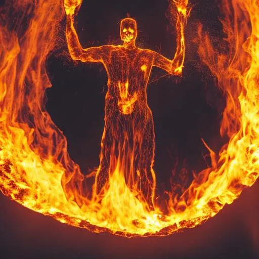 Prompt: man made of fire, smiling, creepy