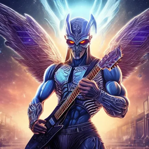 Prompt: Bodybuilding Assyrian Winged invisible warrior playing guitar for tips in a busy alien mall, widescreen, infinity vanishing point, galaxy background
