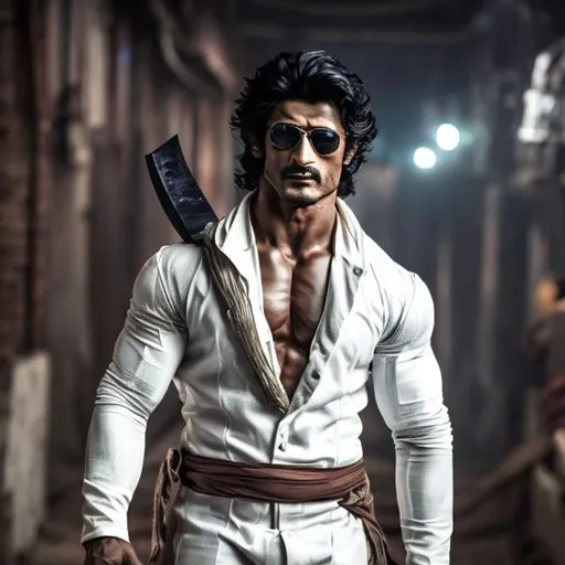 Prompt: photographic image of Vidyut Jammwal wearing a white suite,  holding a short bladed knife in his hand in a Sci Fi setting. An old brick city 4K 8K.  Small girl hiding behind him. 