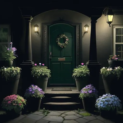 Prompt: night-time, black, garden, multicolored flowers, flower pots, pots, planter boxes, entryway, dark sky, dark clouds, 
very soft █►green◄█ theme, dark shadows, dark walls, dim lights, (some cyan small things:0.8), 
♦♦ doorstep, letterbox, front porch, porch, foyer, stool, garden bench, butterflies, bees, flowers, watering can, garden tools, hair flower, hair ribbon, pail, 

■■ {{{{best quality, 8k resolution photography, artistic photography, photorealistic, masterpiece}}}}, 