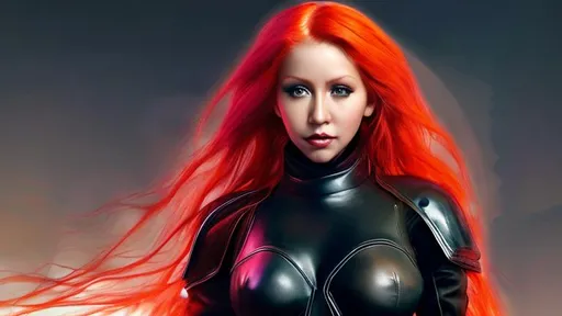 Prompt: Christina Aguilera as Mara jade, 23 years old, black crop top, black leather pants, details on her long red hair, full body shot, ultra realistic, photoshoot quality, UHD, HD, 100K, stunning visuals, atmospheric 