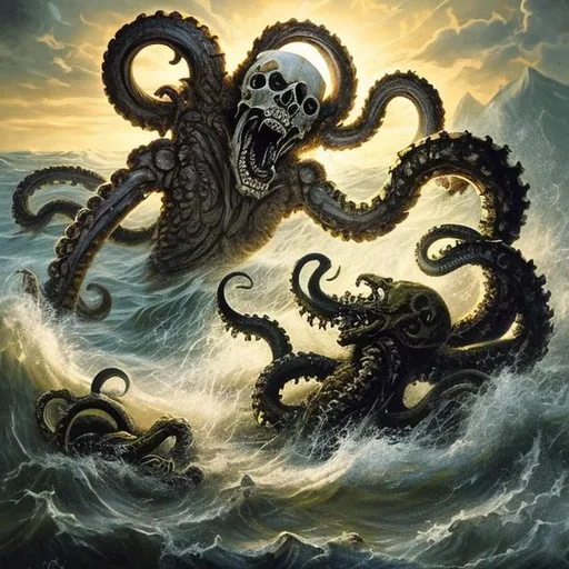 Prompt: rönesans painting of a skeleton fighting a kraken in the ocean with sun light coming down on the battle and war bouts are around them  
