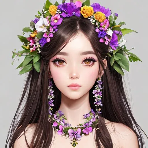 Prompt: flowers sprouting everywhere from all over the body including the eye sockets and the clothes are made out of flowers too hair made out of thin vines with blooming flowers skin covered with flower petals mouth with flowers nostrils with flowers eyelashes flowers flower tattoos flower necklace eyes' iris are flowers