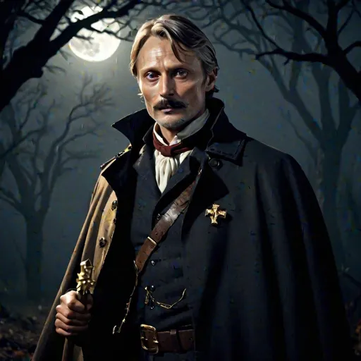 Prompt: An elder Mads Mikkelson with a trimmed mustache as a fearless vampire hunter, dressed in 1700's safari hunting clothes, holding a gold cross to ward off an attacking vampire, from a distance 