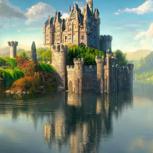 Prompt: A beautiful realistic detailed castle, soft sunrise lighting, John Howe, Andreas Rocha, unreal engine, popular on artstation, ultrawide angle, f16, polarizer filter,  8k, realistic, colorful, with a beautiful lake shining from the sun next to the mysterious castle