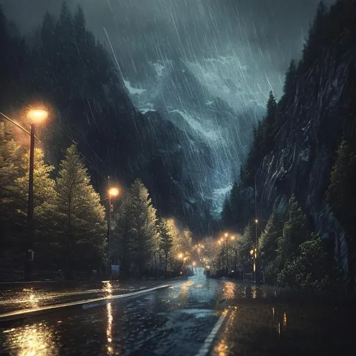Prompt:  a beautiful rainy day, mountains, night, calm, alone, art, realistic, hyper-realistic, highly detailed, realism, 32k, photography, hdr, 1080p, cinematic, Hyperrealistic, splash art, concept art, fictional environment, mid shot, intricately detailed, colour depth, dramatic, side light, colourful background, beautifully shot, perfect composition, atmospheric, moody, happy, emotion, 