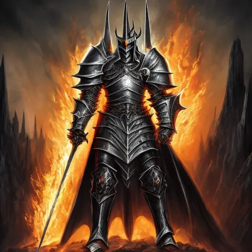 Prompt: Sauron looking knight with fire all around him and black armor