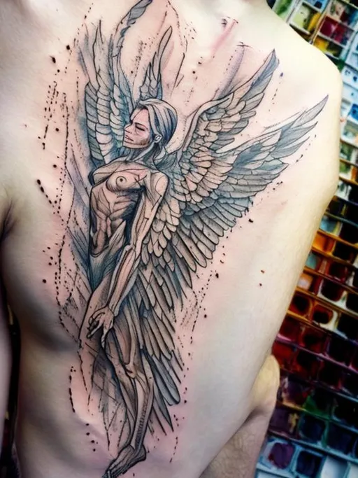 Prompt: A wooden human with wings inside a sfere, in watercolor, tattoo