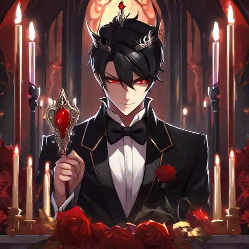 Prompt: Damien  (male, short black hair, red eyes) demon form, wearing a tuxedo, standing at the altar, biting his lip seductively, wearing a crown, holding a knife
