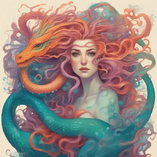 Prompt: A colourful and beautiful Persephone, her hair being made out of magic and tentacles, with a sea-dragon underwater in a painted style