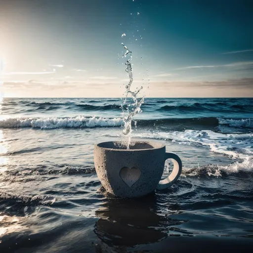 Prompt: Cup made out of concrete with heart shaped concrete floating inside, on top of rough waves, dark water, dark background, studio lighting, highly detailed, hyper realistic, light mist, professional photography, cinematic lighting 
