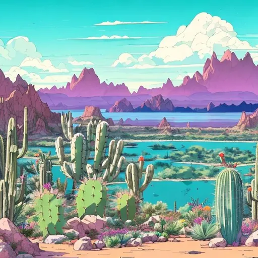 Prompt: pretty view of mountains in lake havasu city with cactus and certain indigenous plants in the foreground  in studio ghibli style
