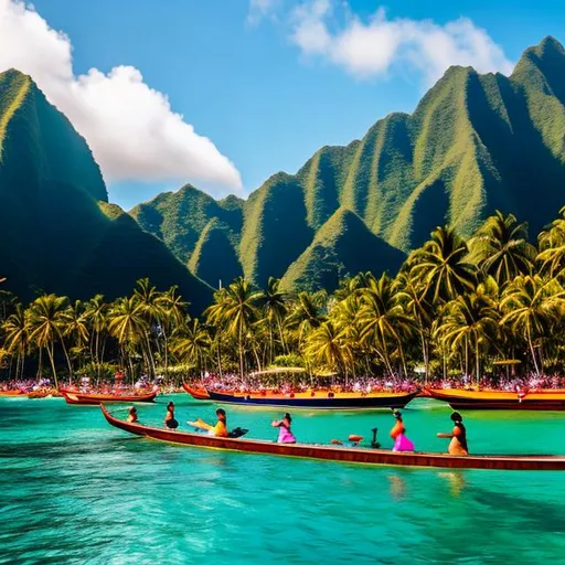 Prompt: Wide Angle View, A beautiful island in the Pacific, palm trees, dancers in traditional clothing, outrigger canoes, 8k, cinematic still, mid-afternoon 