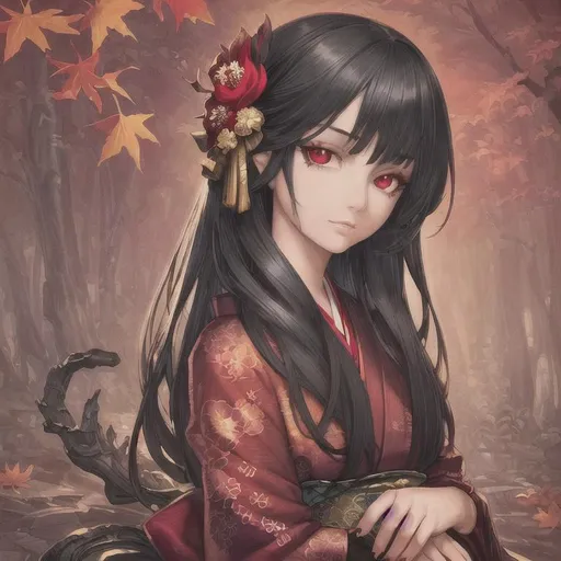 Prompt: masterpiece, illustration, best quality:1.2), 1girl, solo, black hair, dignfied, finely detailed, detailed face, toned face, beautiful detailed eyes, beautiful detailed shading, beautifully detailed background, red eyes, fallen leaf, autumn, red kimono, flower hair ornament