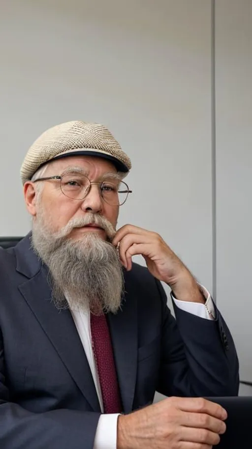 Prompt: Old men in the office sitting, wearing a nice elegant suit and glasses, has a nice white Beard, and nice hat 