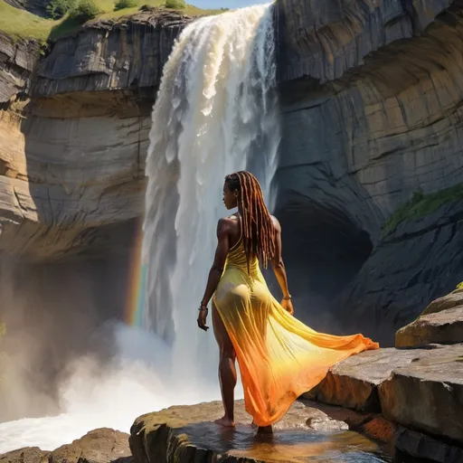 Prompt: A beautiful thin muscular black woman, in a wet light yellow see-through translucent summer dress with sunlight shining through the dress on the edge of a cliff. She has long orange and black dreadlocks coming down her back. She is wet & sweaty and the dress is sticking to her skin. On side of the cliff is a long waterfall. The foam from the waterfall is creating a rainbow. Watercolour painting.