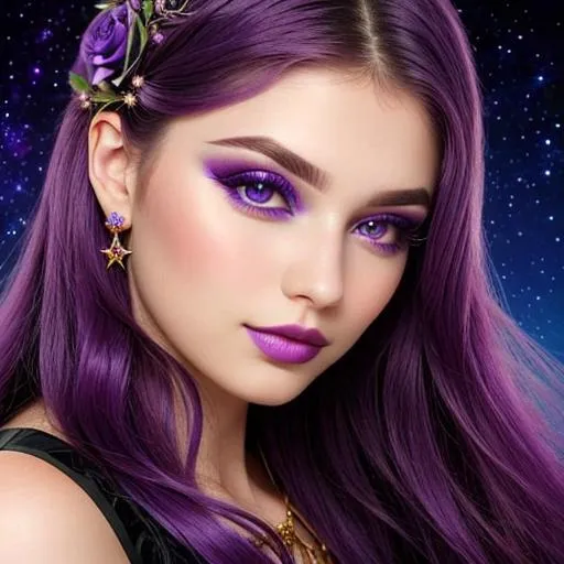 Prompt: Cosmic Epic Beauty, Beautiful and Gorgeous, purple roses in hair, violet eyes and lips, pretty makeup, facial closeup
